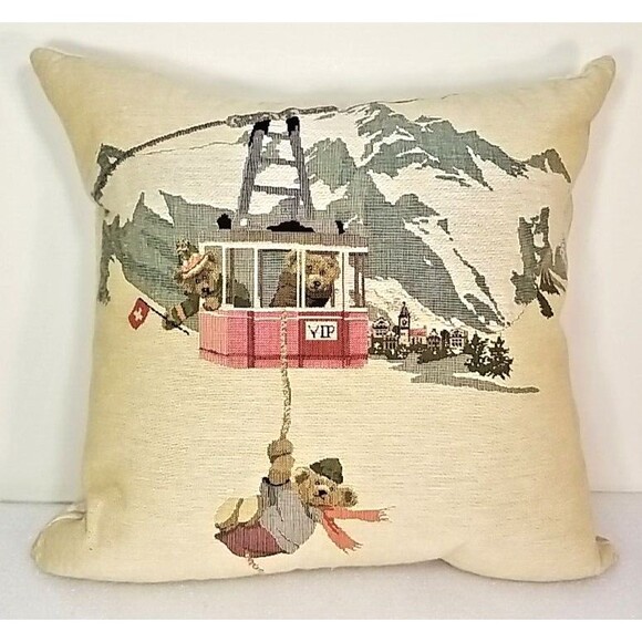 Rolande Du Dreuilh Bears Skiers 17 x17" Sq Tapestry Pillow Alpine Chalet France. - Picture 1 of 6